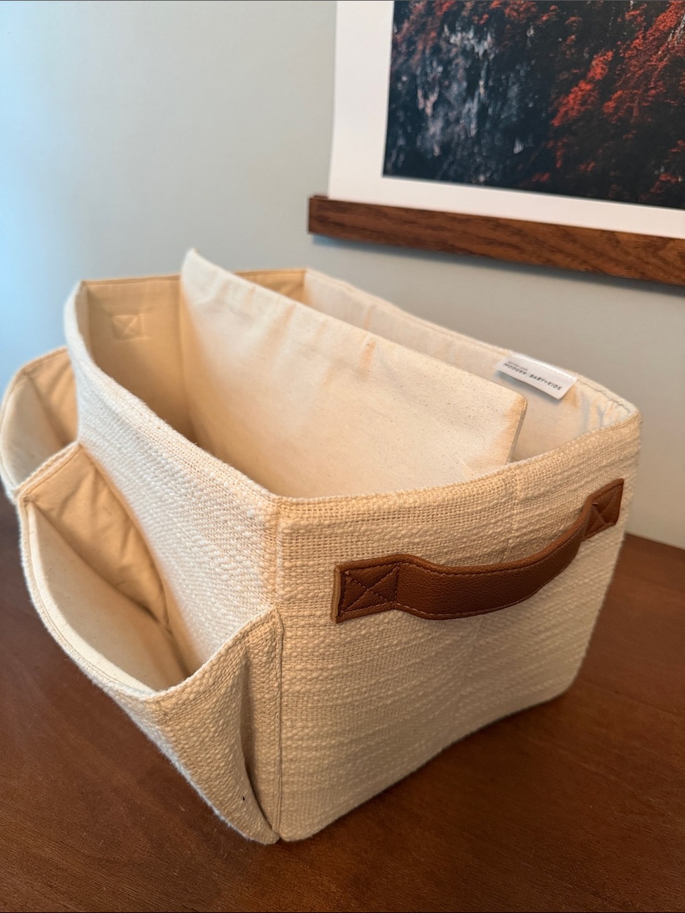 Pottery Barn Diaper Caddy - canvas with Brown Leather Handle